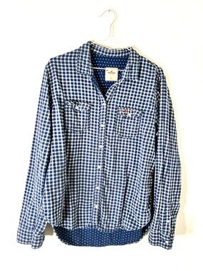 Hollister Y2K Blue White Gingham Button Shirt Polka Dot Hi Lo Cotton Long Sleeve